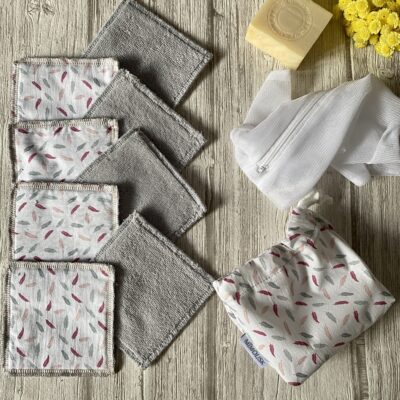 Pack 8 Lingettes lavables éponge Bambou / Plumes, blanc rose gris