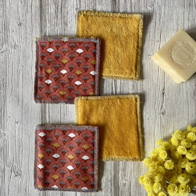 4 Lingettes lavables éponge Bambou / muji / Ocre jaune